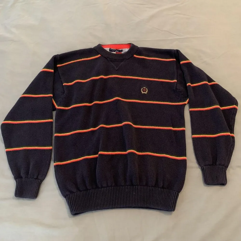 Tommy Hilfiger Sweater Mens Medium Navy Striped V Neck‎ Cotton Pullover Crest